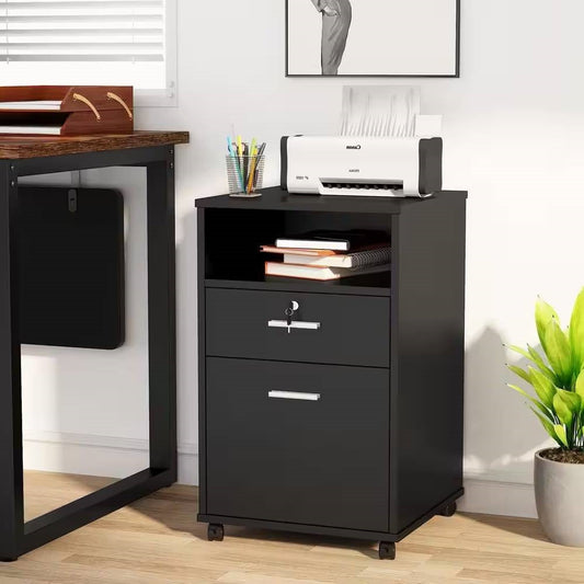 Black Rolling 2-Drawer Mobile File Cabinet Printer Stand Office Cart on Wheels FastFurnishings
