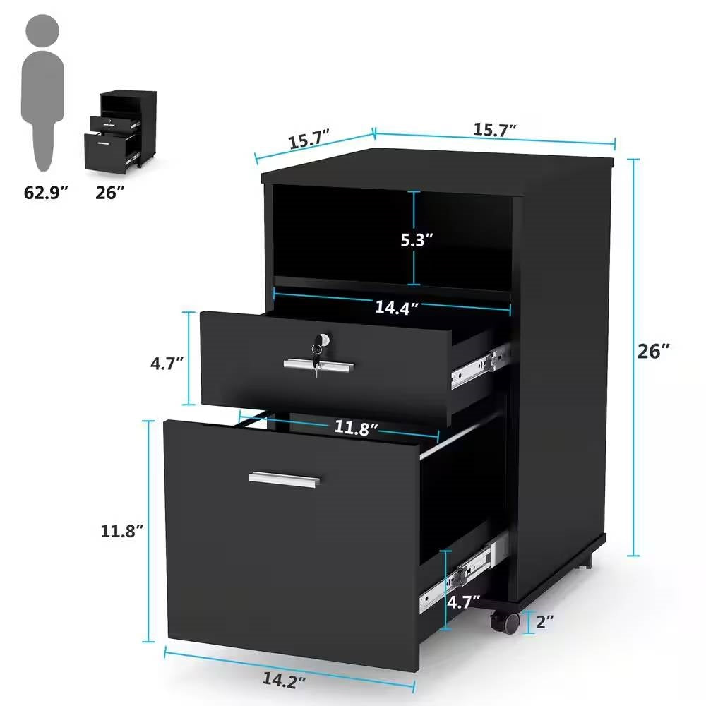 Black Rolling 2-Drawer Mobile File Cabinet Printer Stand Office Cart on Wheels FastFurnishings