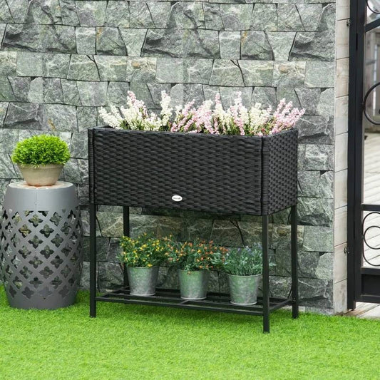 Black Modern PE Rattan Wicker Raised Garden Bed Elevated Planter Box FastFurnishings