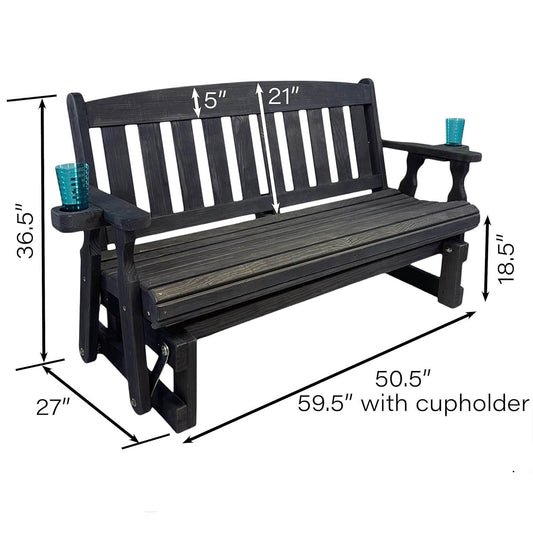4ft Heavy Duty Black Wooden Porch Glider Bench with Cupholders - Made in USA-1