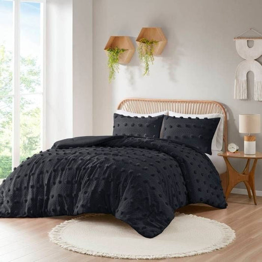 Full/Queen 3 Piece Pompom Microfiber Hypoallergenic Comforter Set in Black LuxuryLifeWay Online Store