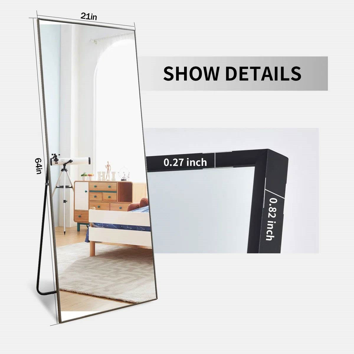 Black 64-inch Full Length Floor Mirror with Stand and Wall Mounting Holes-4