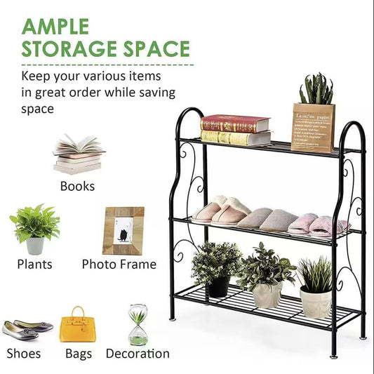 Indoor/Outdoor Black Metal 3-Tier Bookcase Plant Stand Shelving Rack FastFurnishings