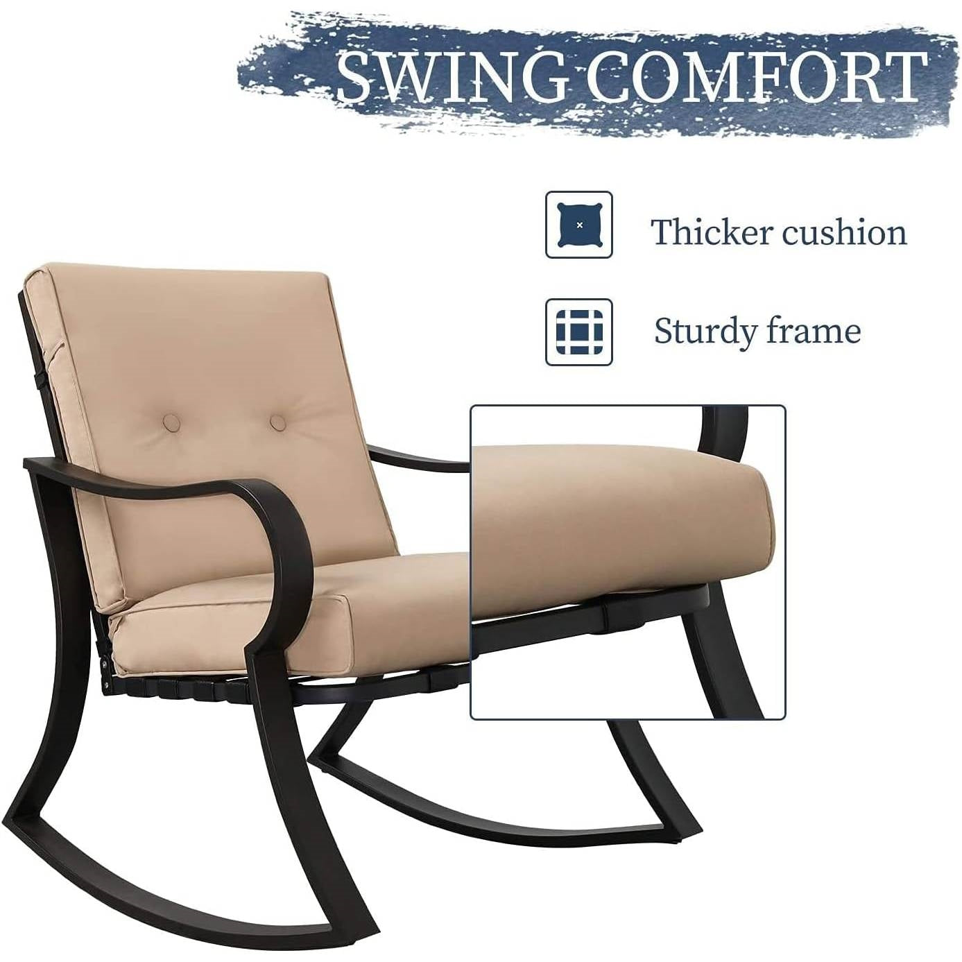 3-Piece Outdoor Patio Furniture Table Rocking Chairs Set with Beige Cushions FastFurnishings
