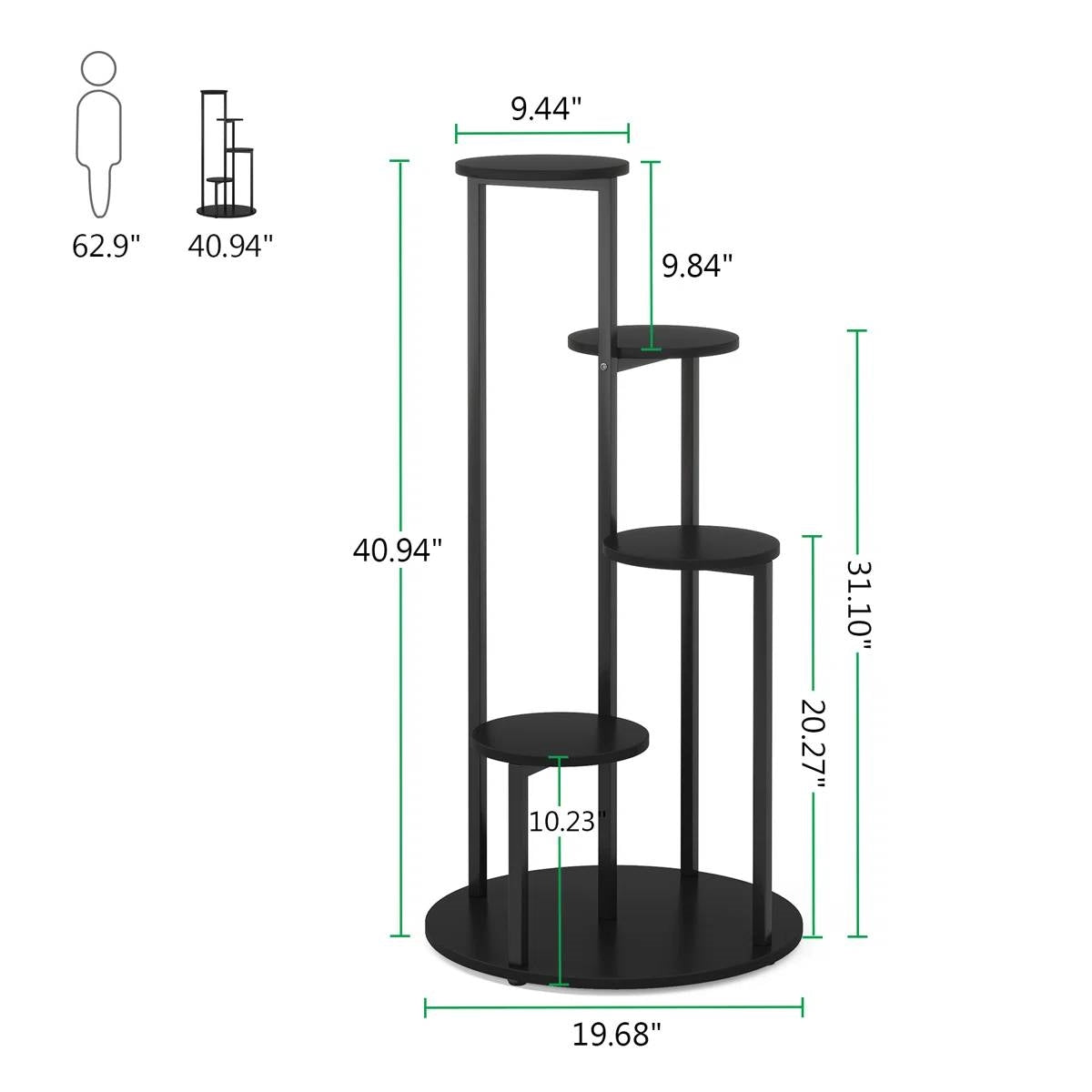 5-Tier Indoor Plant Stand with Black Metal Frame and Brown Wood Finish Shelves FastFurnishings