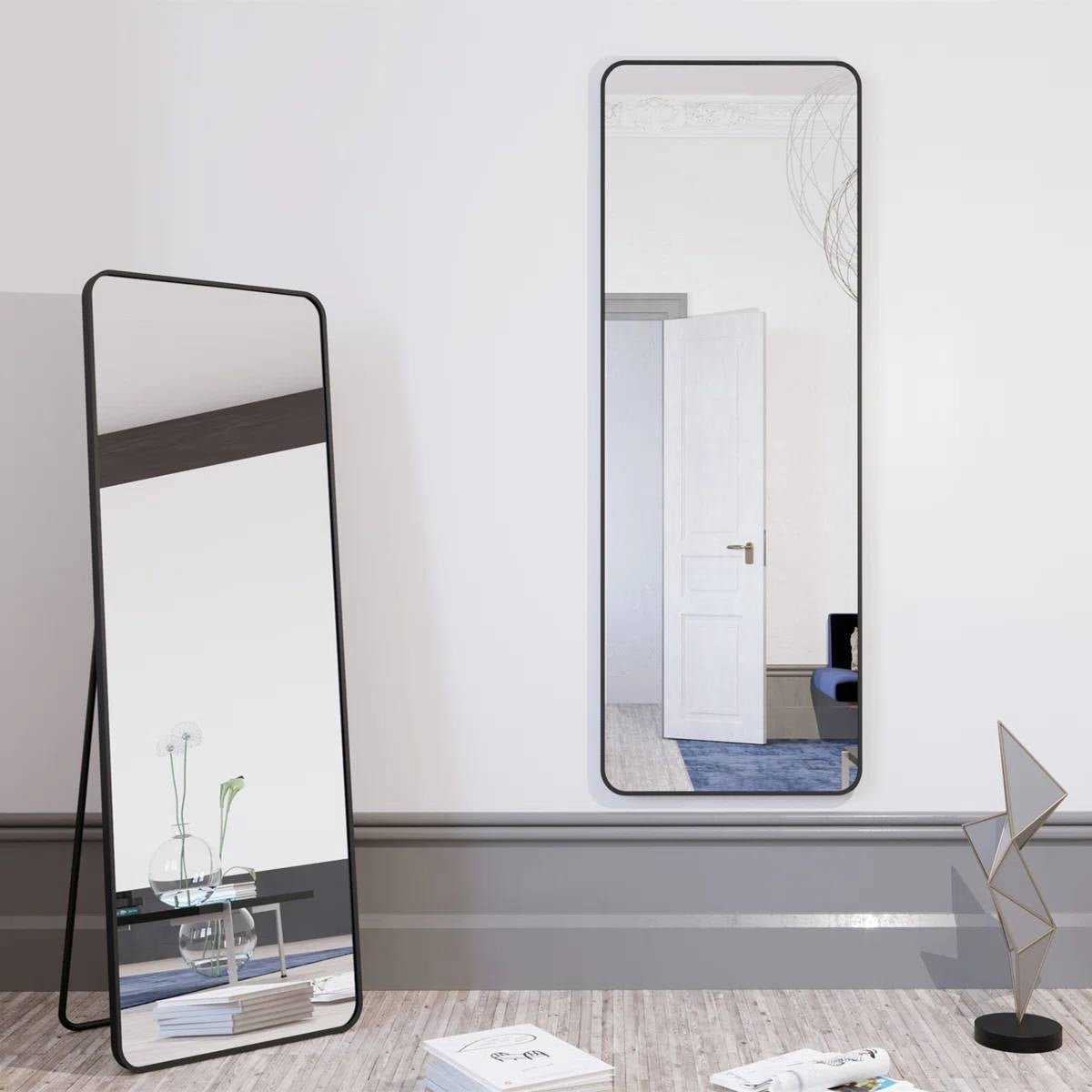 Black 65-inch Full Length Floor Mirror with Stand and Wall Mount Holes-4