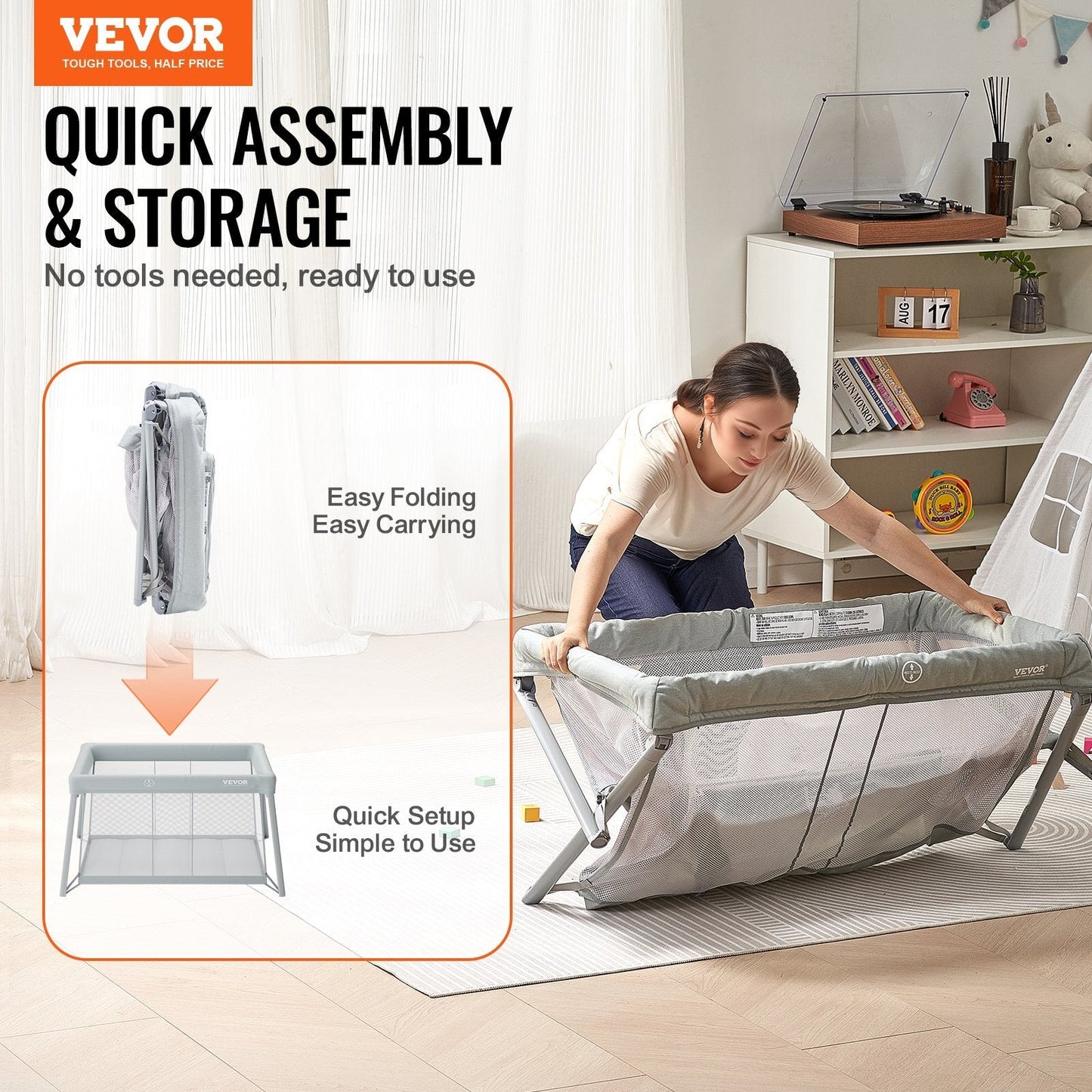 Baby Travel Crib and Play Yard, Folding Baby Playpen with Soft Mattress Pad, Portable Toddlers Crib with Breathable Mesh and Travel Bag, Indoor/Outdoor Kid Activity Center for 0-36 Months Babies W2B