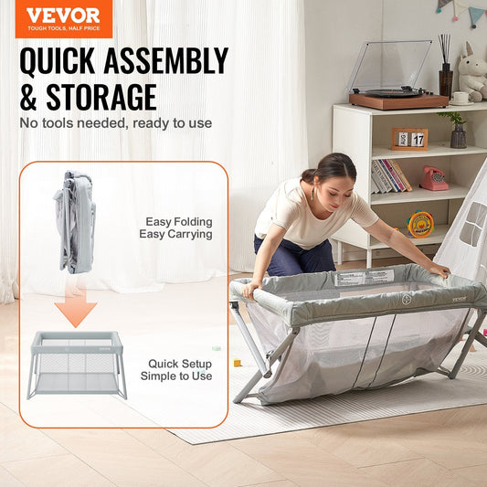 Baby Travel Crib and Play Yard, Folding Baby Playpen with Soft Mattress Pad, Portable Toddlers Crib with Breathable Mesh and Travel Bag, Indoor/Outdoor Kid Activity Center for 0-36 Months Babies W2B