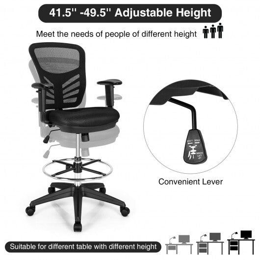 Mesh Drafting Chair Office Chair with Adjustable Armrests and Foot-Ring-Black W2B