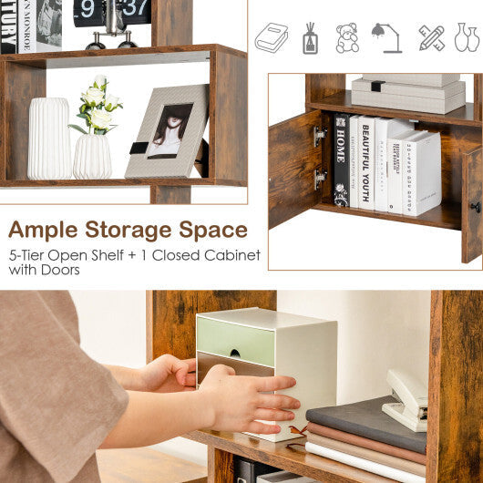 6-Tier S-Shaped Freestanding Bookshelf with Cabinet and Doors-White W2B