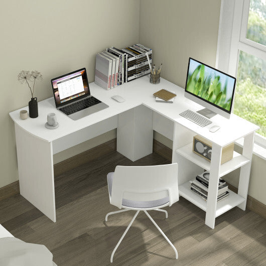 Large Modern L-shaped Computer Desk with 2 Cable Holes and 2 Storage Shelves-White W2B