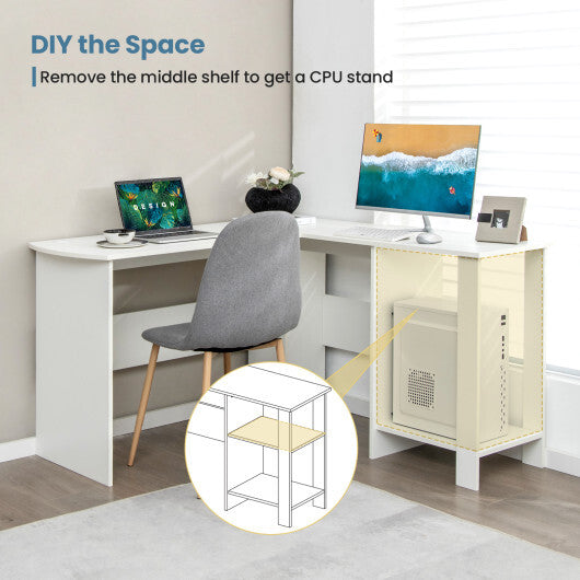 Large Modern L-shaped Computer Desk with 2 Cable Holes and 2 Storage Shelves-White W2B