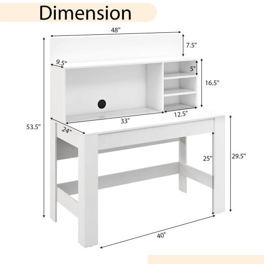 48 Inch Writing Computer Desk with Anti-Tipping Kits and Cable Management Hole-White W2B