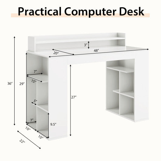 Computer Desk with Dual 3-Tier Bookshelf and Monitor Shelf-White W2B