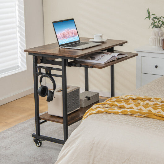 Rolling Laptop Table with Pull-out Keyboard Tray and Hooks-Rustic Brown W2B