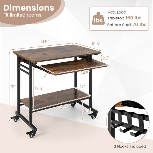 Rolling Laptop Table with Pull-out Keyboard Tray and Hooks-Rustic Brown W2B