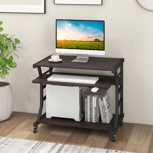 Mobile Computer Desk with Keyboard Tray Mouse Tray and Shelf-Dark Brown W2B