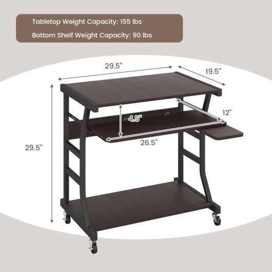 Mobile Computer Desk with Keyboard Tray Mouse Tray and Shelf-Dark Brown W2B