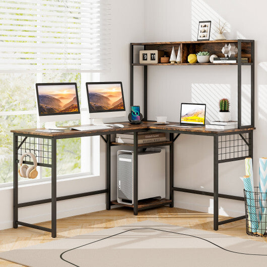 L-shaped Desk with Power Outlet Hutch-Black W2B