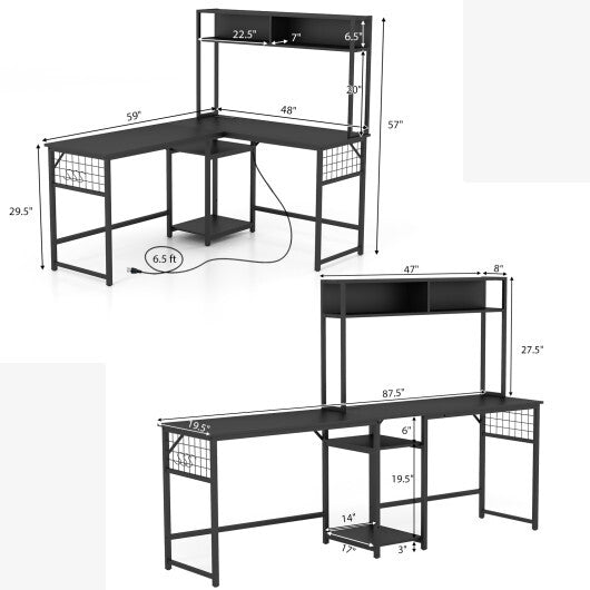 L-shaped Desk with Power Outlet Hutch-Black W2B