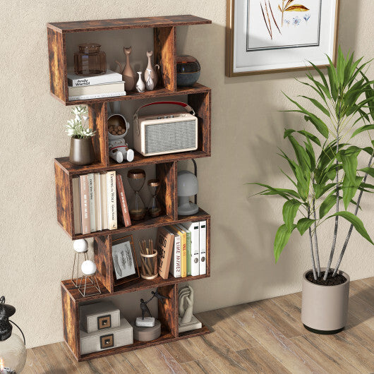 5-Tier Bookshelf with Anti-Toppling Device for Living Room Home Office-Rustic Brown W2B