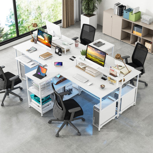 2-Person Reversible Computer Desk Long Office Desk with LED Lights-White W2B