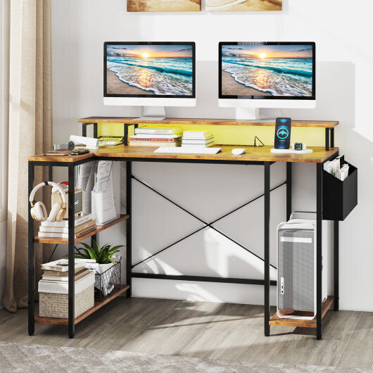 L-Shaped Gaming Desk with LED Lights and Power Outlets-Rustic Brown W2B