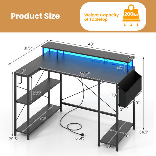 L-Shaped Gaming Desk with LED Lights and Power Outlets-Rustic Brown W2B