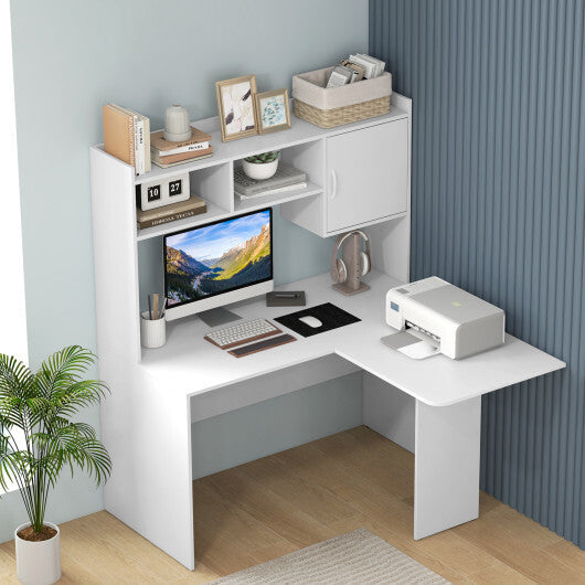 L-Shaped Desk Corner Computer Desk with Open Storage Hutch and Cabinet-White W2B