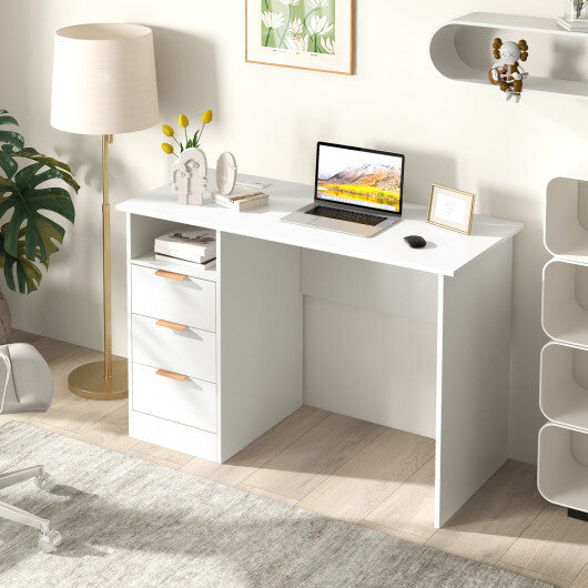 Home Office Desk with Power Outlet 3 Storage Drawers and Open Compartment-White W2B