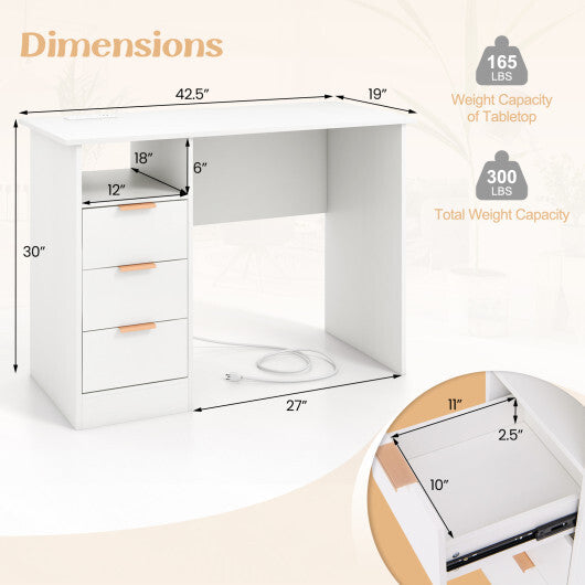 Home Office Desk with Power Outlet 3 Storage Drawers and Open Compartment-White W2B