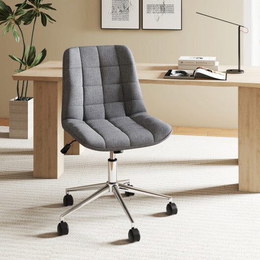Armless Office Chair Upholstered Makeup Vanity Chair with Adjustable Height and Wheels-Grey W2B