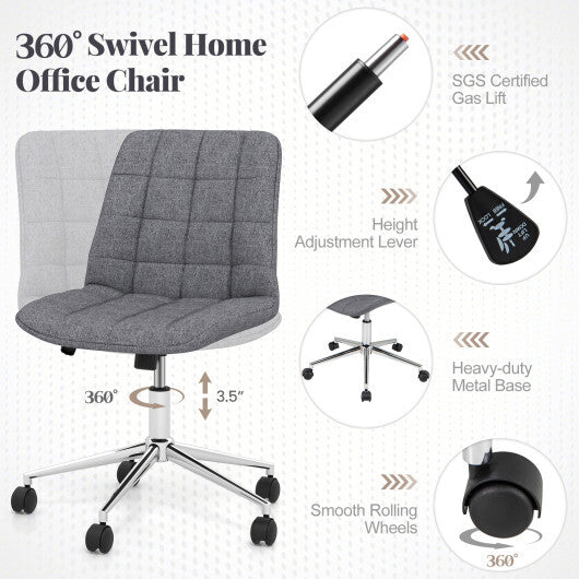 Armless Office Chair Upholstered Makeup Vanity Chair with Adjustable Height and Wheels-Grey W2B