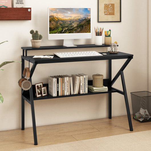 Space Saving Computer Desk with Monitor Stand and Extra Storage Shelf for Work Study-Black W2B