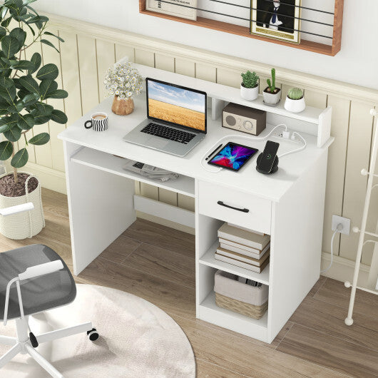 White Desk with Charging Station and Adjustable Shelf for Home Office-White W2B