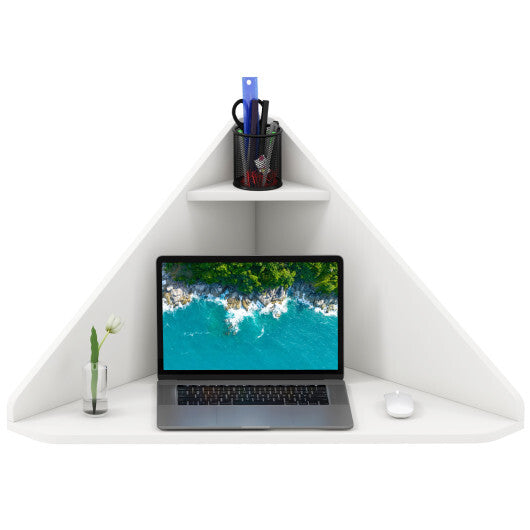 Floating Triangular Corner Computer Desk with Storage Shelf-Black W2B