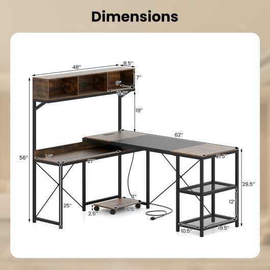 L-Shaped Computer Desk with Power Outlets 62 Inches Corner Desk with Storage Hutch-Brown W2B
