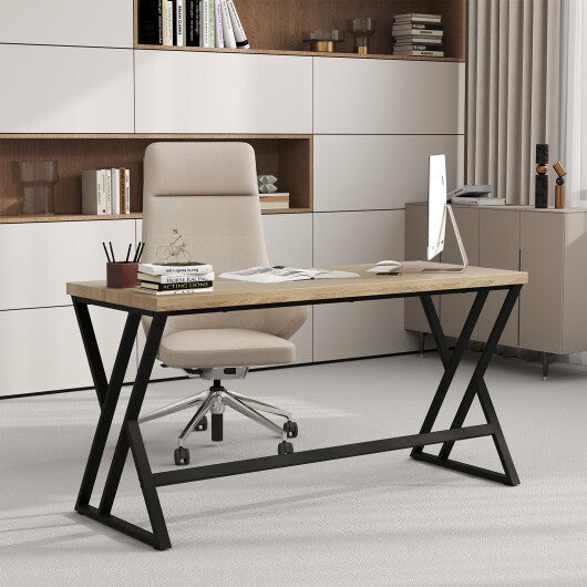 59 Inch Computer Desk with Heavy-duty Metal Frame and Crossbar-Gray W2B