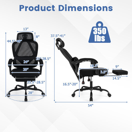 Ergonomic Office Chair High Back Mesh Desk Chair with Retractable Footrest-Black W2B