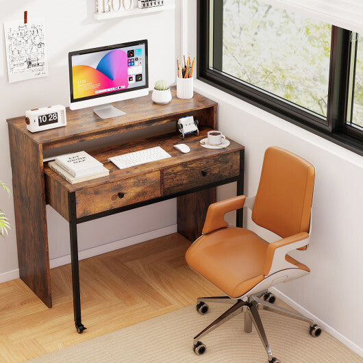 Extendable Computer Desk with 2 Storage Drawers Convertible Home Office Rolling Study Writing Desk-Rustic Brown W2B