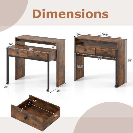 Extendable Computer Desk with 2 Storage Drawers Convertible Home Office Rolling Study Writing Desk-Rustic Brown