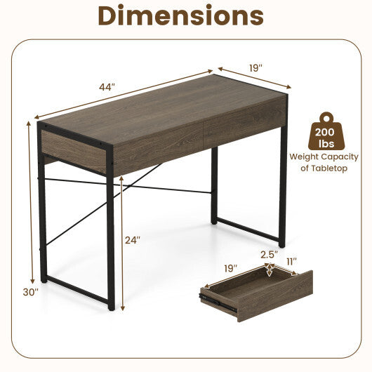 Computer Desk with 2 Drawers 44 Inch Home Office Desk with Metal Frame-Oak W2B