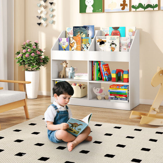 3-Tier Kid's Bookshelf Toy Storage Organizer with Display Rack and 4 Compartments-White W2B