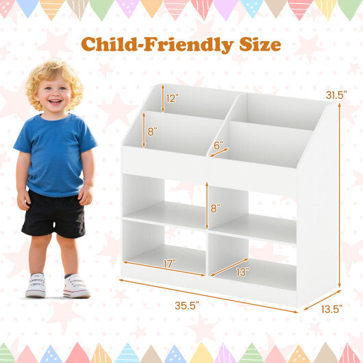 3-Tier Kid's Bookshelf Toy Storage Organizer with Display Rack and 4 Compartments-White W2B