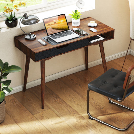 Mid-Century Modern Computer Desk with Drawer and Open Compartment-Brown W2B