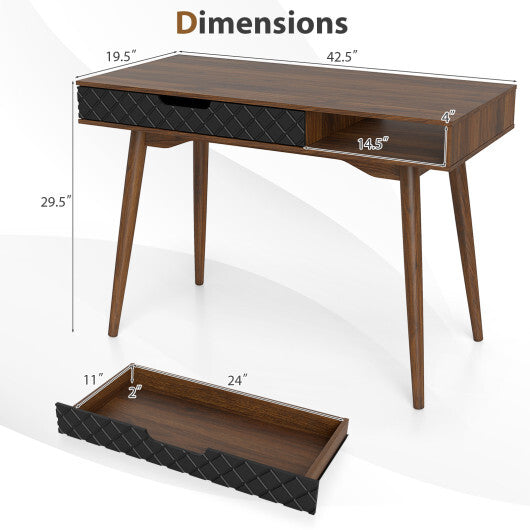 Mid-Century Modern Computer Desk with Drawer and Open Compartment-Brown