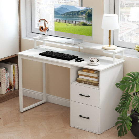 Modern Computer Desk with Power Outlets and File Drawer-White W2B