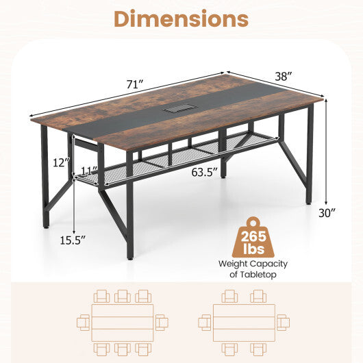 Rectangular Meeting Table with Mesh Storage Shelf and Cable Grommet-Rustic Brown W2B