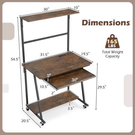 Small Computer Desk with Charging Station and LED Lights and Wheels-Rustic Brown W2B