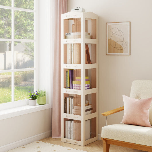 5-Tier Foldable Rotating Bookshelf 360? Spinning Bookcase with Swivel Base-White W2B